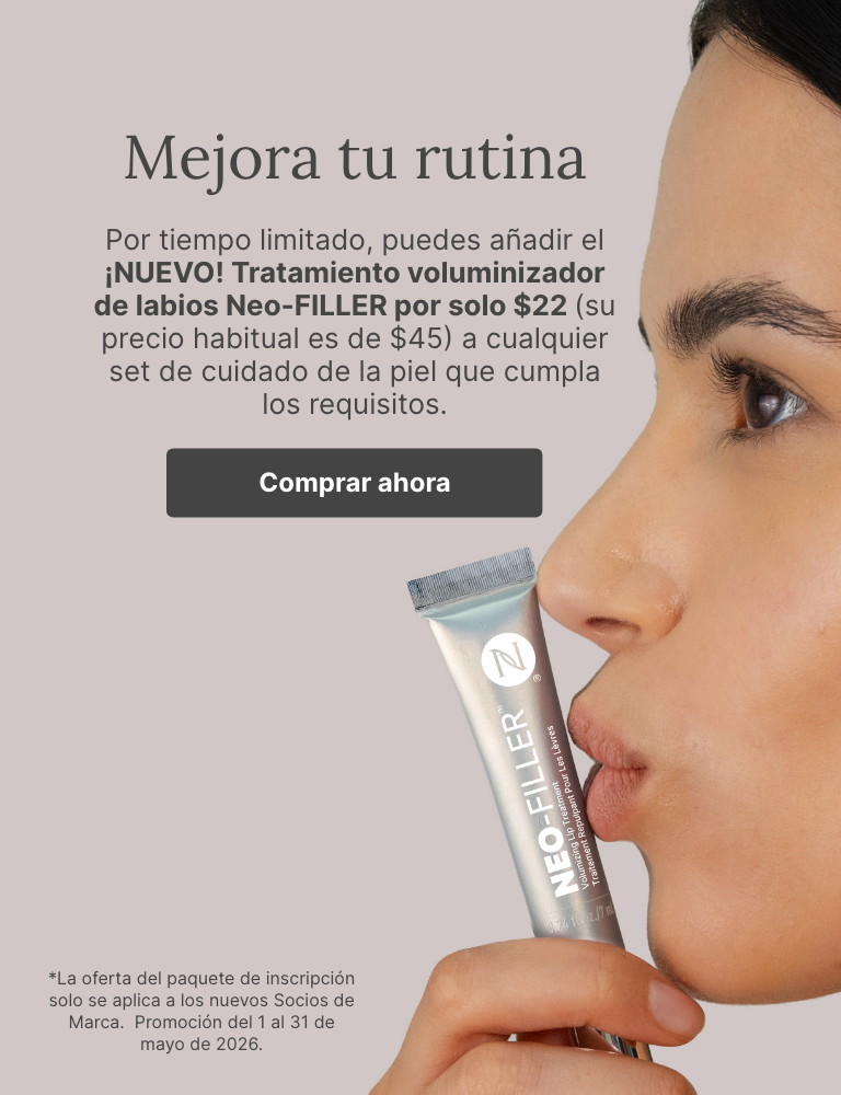 50% OFF Neo-FILLER Volumizing Lip Treatment with any Neo-FILLER or Neo-FILLER Set purchase. Featured is a woman kissing a tube of Neo-FILLER Volumizing Lip Treatment.